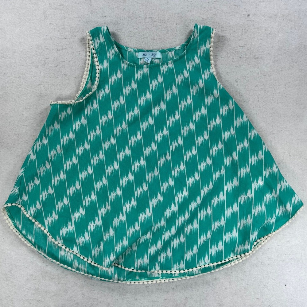 She + Sky Green White Ikat Pom Pom Trim Sleeveless Blouse Top‎ SL1319 Medium
